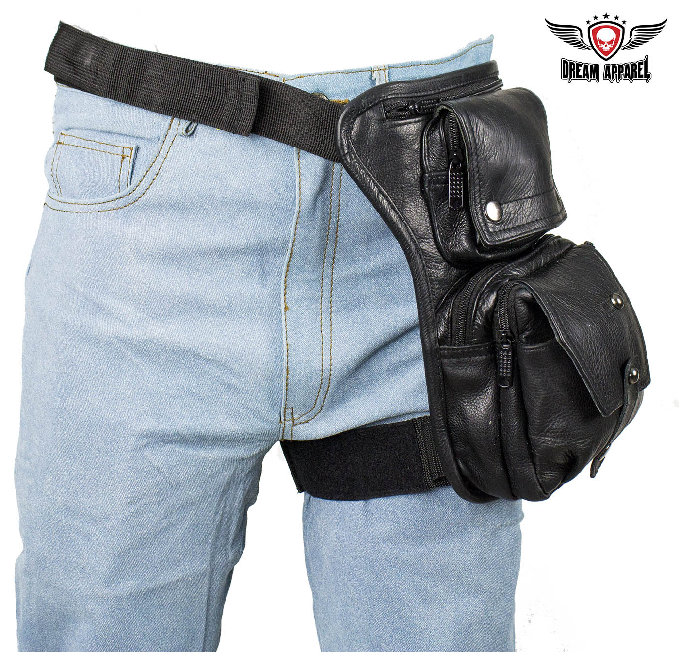 Premier Black Leather Multi Pocket Thigh Bags with Gun Pocket