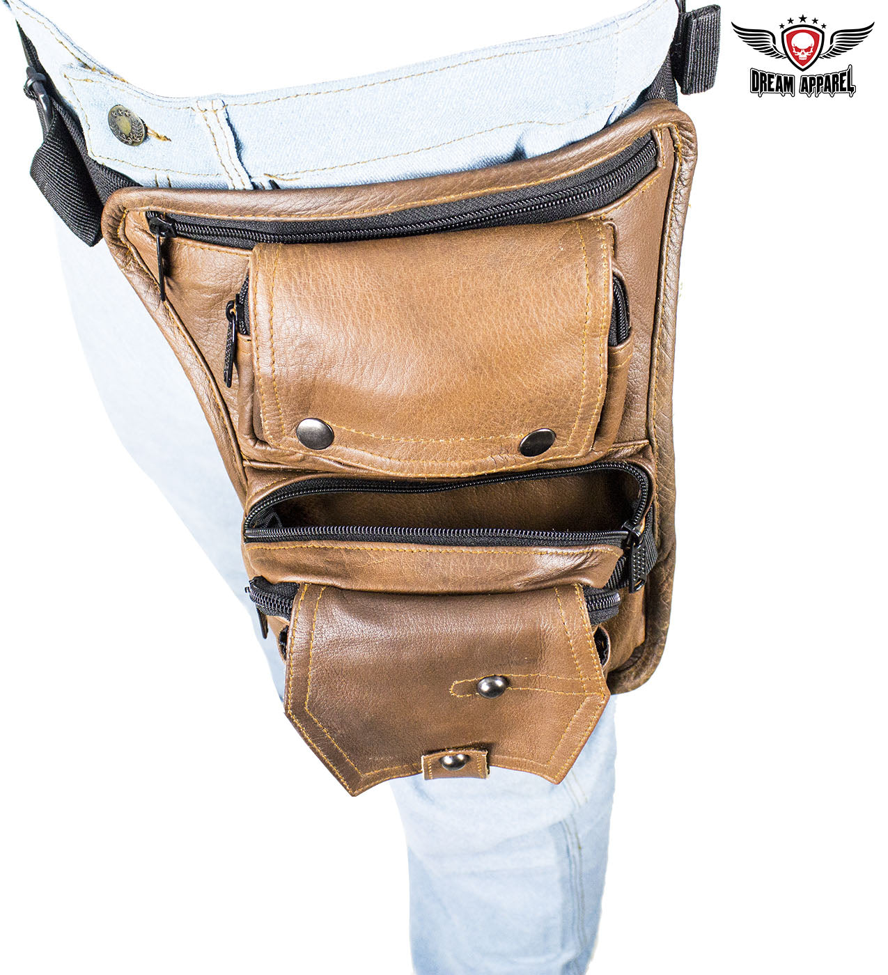 Premier Brown Leather Multi Pocket Thigh Bags with Gun Pocket