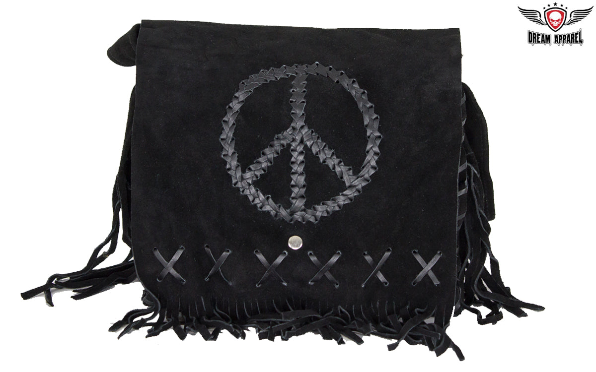 Women's Genuine Black Suede Pocketbook with Peace Sign