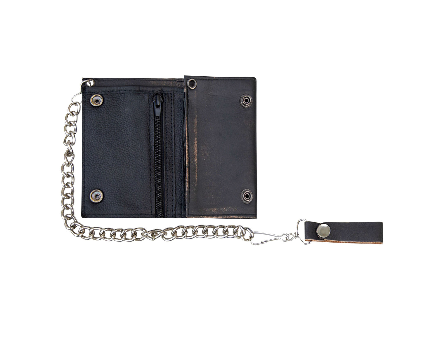 Dream Apparel Naked Cowhide Distress Brown Leather Heavy Duty Biker Trifold Chain Wallet with Snaps