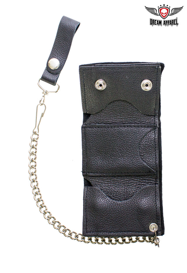 Premium Leather Plain Heavy Duty Black Biker Tri-Fold Chain Wallet