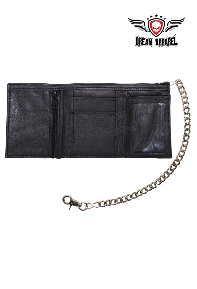 Dream Apparel Black Multi-Pocket Naked Cowhide Leather Tri-Fold Wallet with Chain