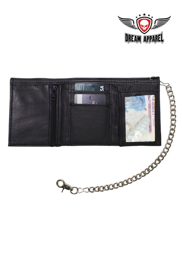 Dream Apparel Black Multi-Pocket Naked Cowhide Leather Tri-Fold Wallet with Chain