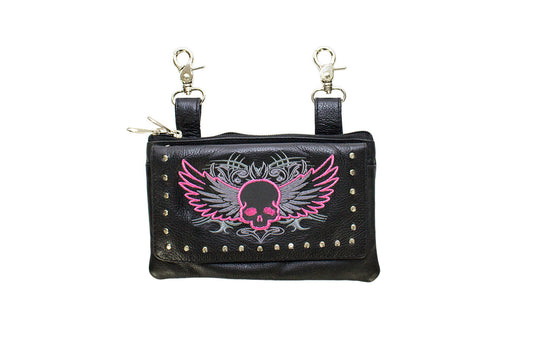 Studded Naked Cowhide Leather Hot Pink Skull Belt Bag