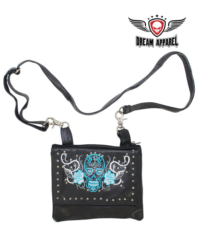 Studded Turquoise & White Sugar Skull Naked Cowhide Leather Belt Bag W/ Gun Pocket