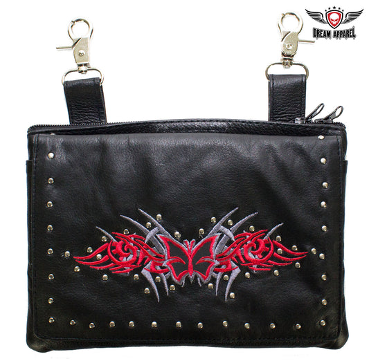 Studded Naked Cowhide Leather Gun Holster Belt Bag with Red & Silver Butterfly