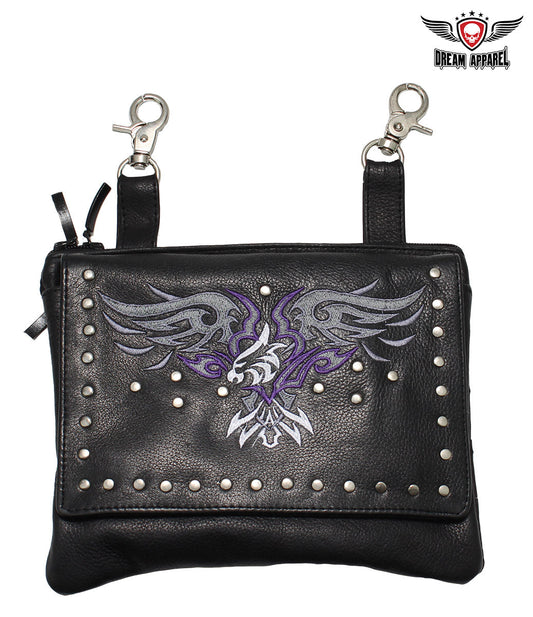 Studded Naked Cowhide Leather Gun Holster Belt Bag with Purple & Silver Eagle