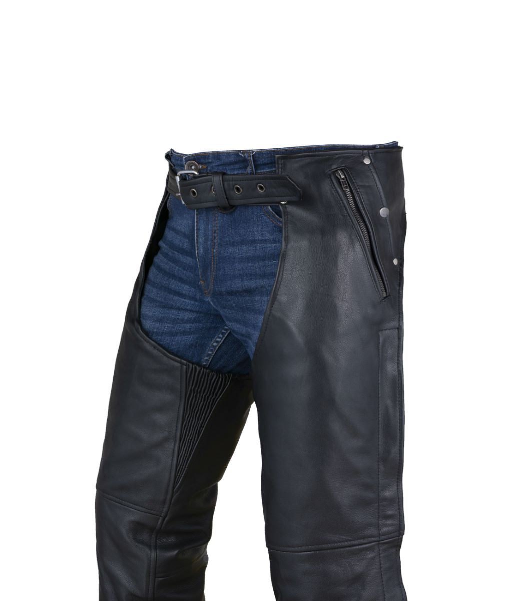 Dream Apparel Black Multi-Pocket Premium Cowhide Leather Chaps with removable lining