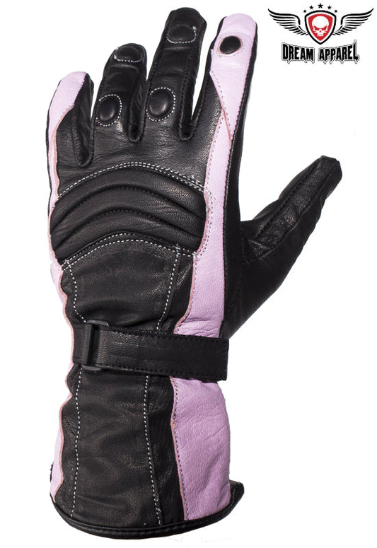 Womens Pink Full Finger Leather Gauntlet Gloves