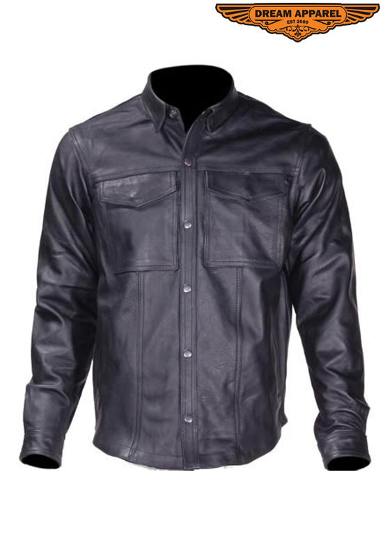 Mens Leather Motorcycle Shirt With Concealed Carry Pockets