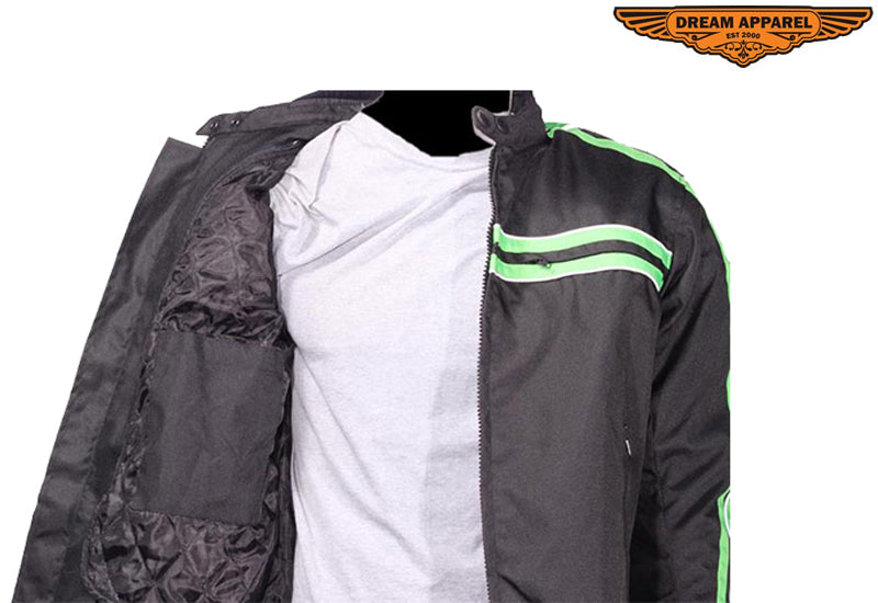 Men's Black Lightweight Textile Jacket W/ Green Striped Design