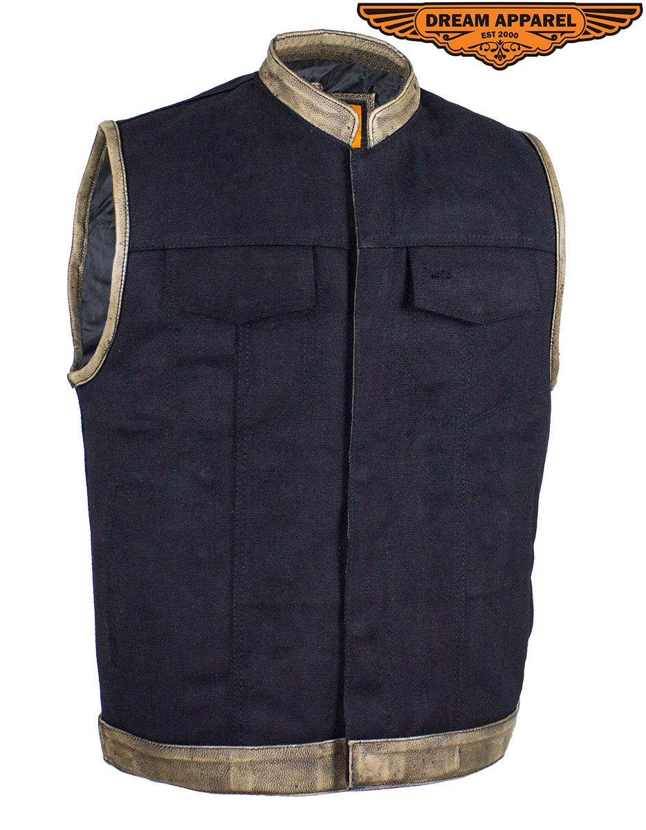 Black Canvas Motorcycle Vest with Distressed Brown Leather Trim