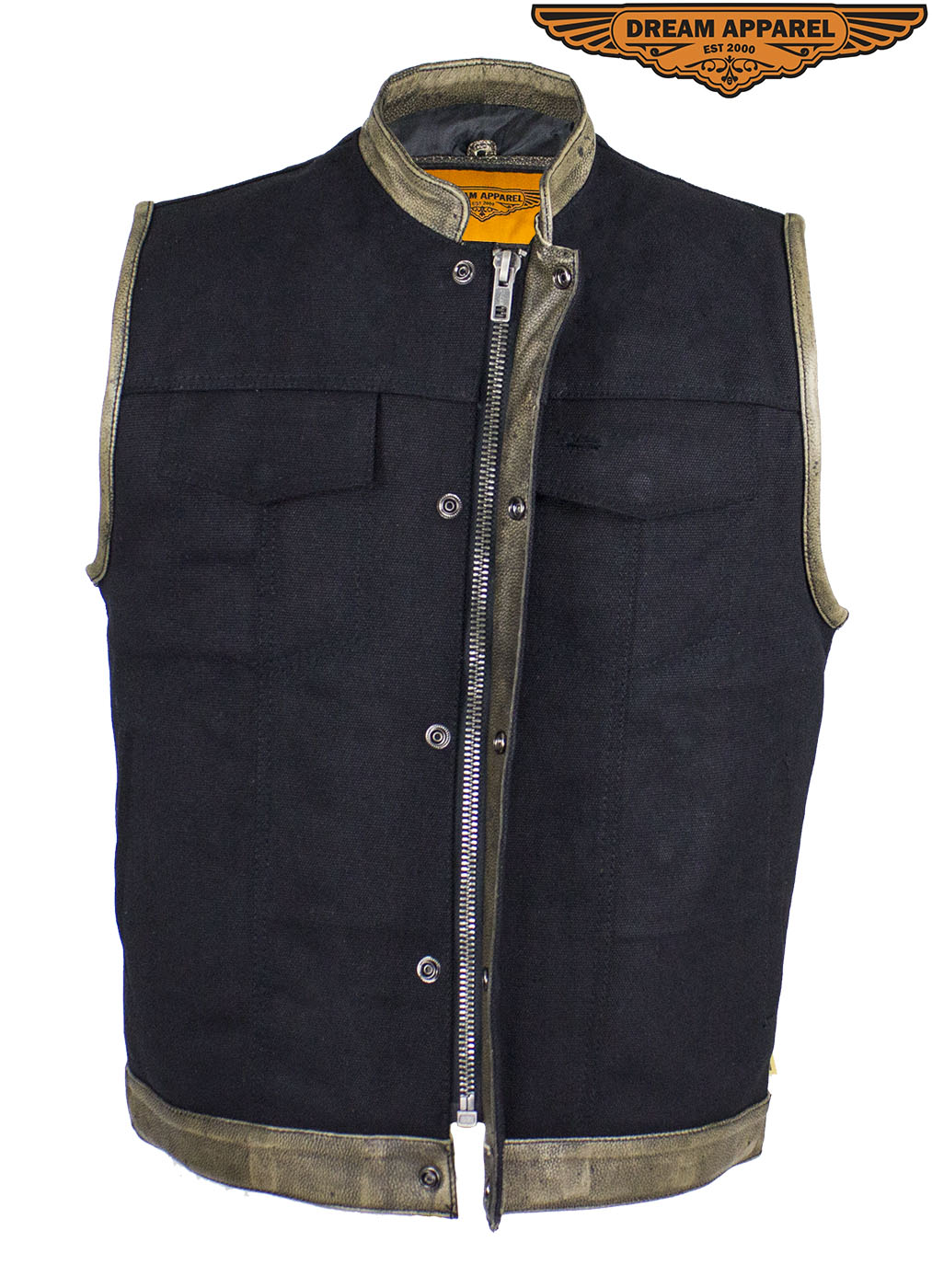 Black Canvas Motorcycle Vest with Distressed Brown Leather Trim