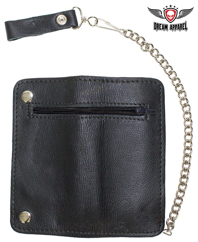 Black Leather Chain Wallet with Zipper