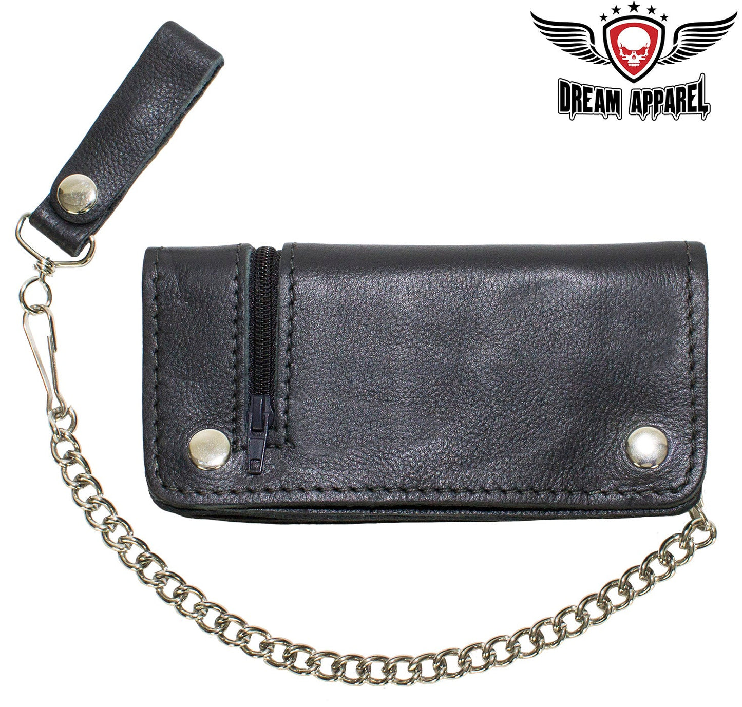 Black Leather Chain Wallet with Zipper